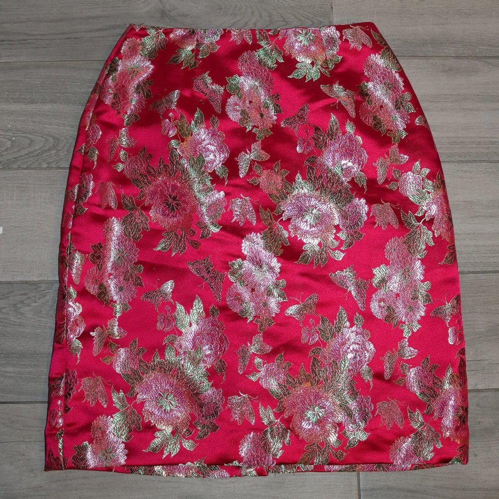 Hand Made Oriental Flower Print Embroidered Pencil Midi Skirt